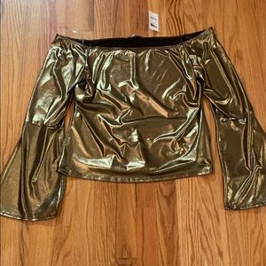 Off shoulder gold lamè bell sleeve top L